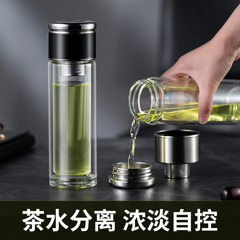 神化新款双层玻璃杯隔热防烫水杯子带盖过滤茶水分离厂家直销