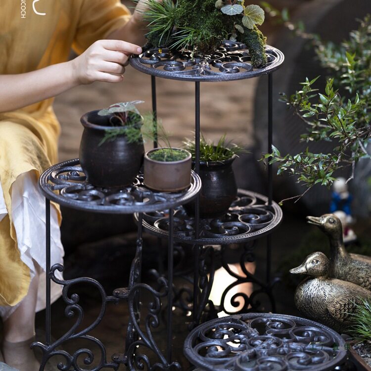 欧式铸铁双层落地花架盆景架