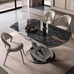 岩板餐桌现代简约轻奢可伸缩折叠圆桌家用10人带转盘大理石吃饭桌