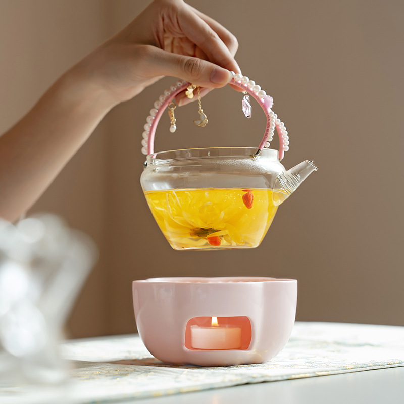 桃粉釉捏花烛火温茶炉暖茶炉蜡烛明火加热底座玻璃温茶器茶壶