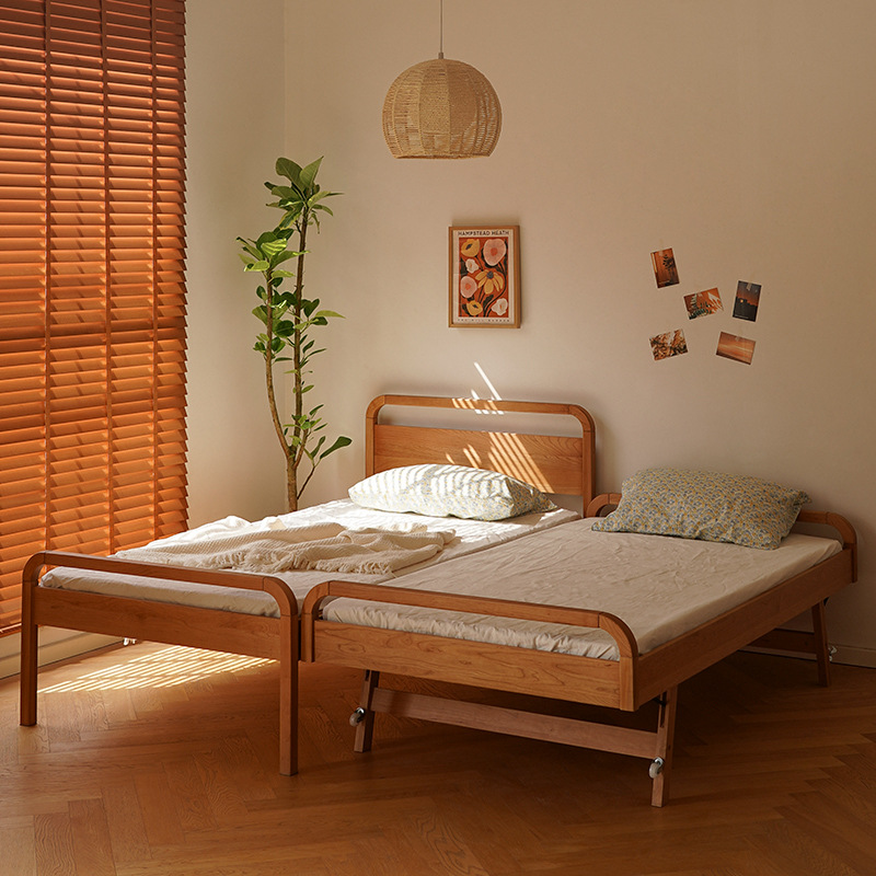 儿童隐形拼接床樱桃木全实木组合床加宽折叠抽拉床北欧拖床