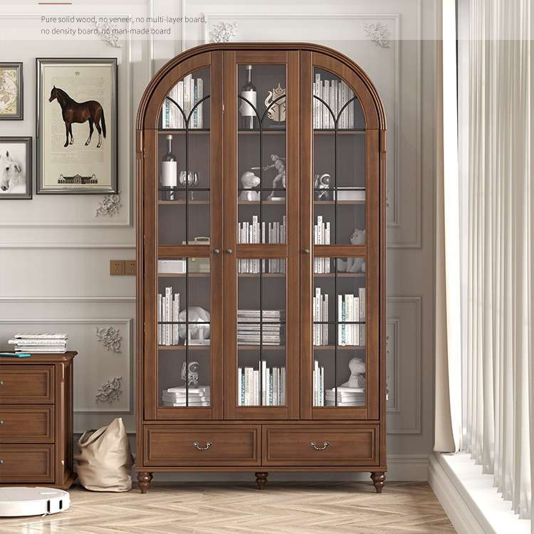 美式实木两门书柜落地拱形玻璃门家用客厅酒柜靠墙立柜法式展示柜