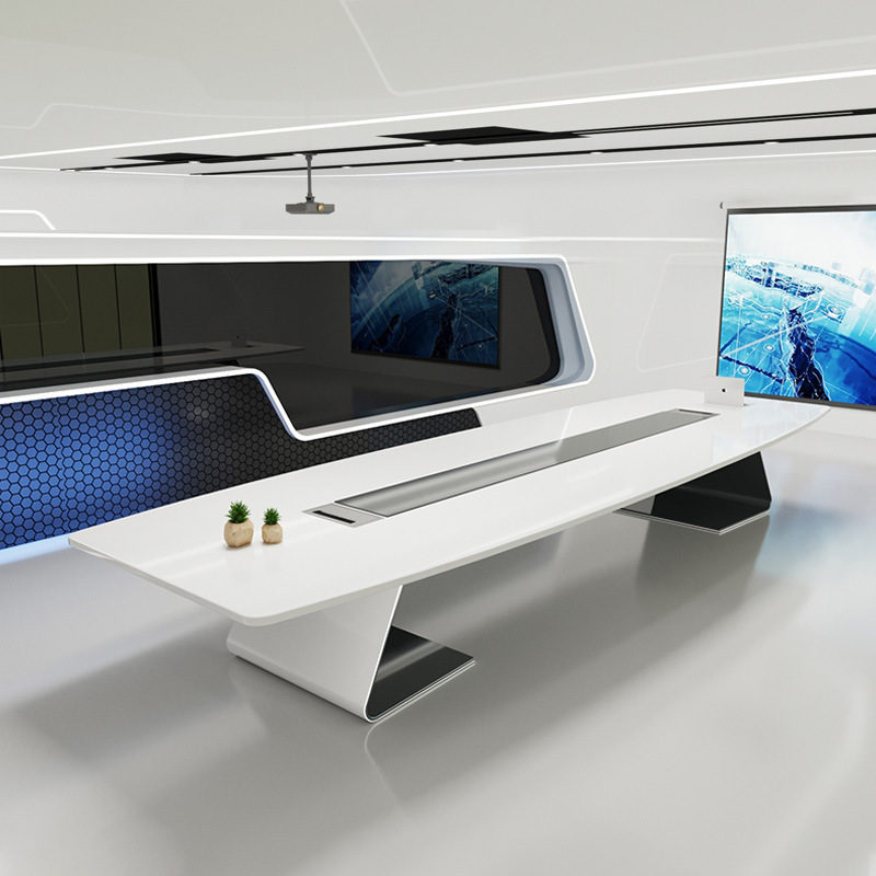 新款会议桌长桌简约现代白色时尚烤漆办公桌大型椭圆长条桌椅组合