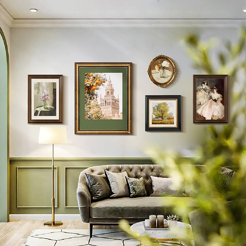 法式客厅装饰画沙发背景墙挂画现代美式墙画文艺小众复古建筑壁画图片
