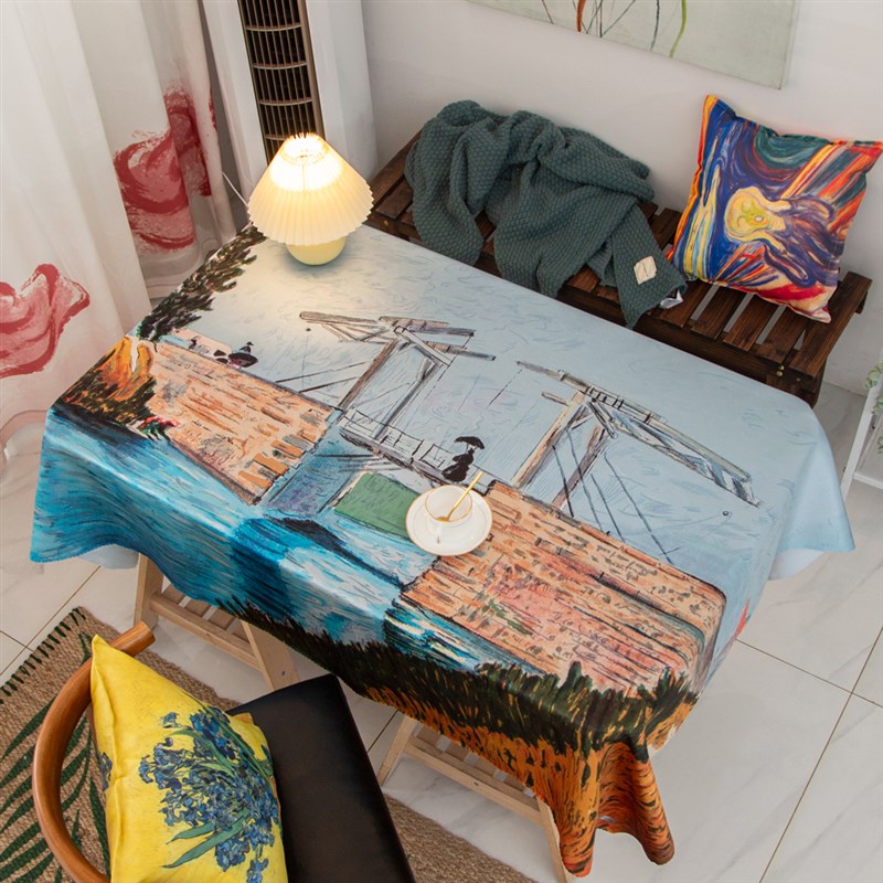 防水油画a桌布梵高吊桥星夜布艺桌垫餐桌书桌茶几台布轻奢ins北欧