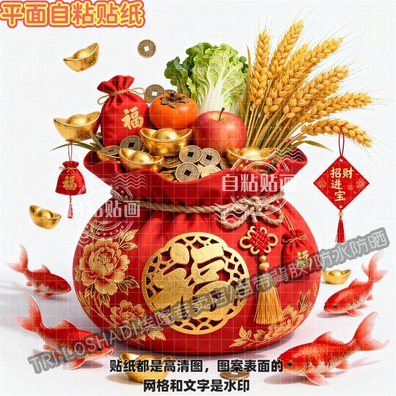 五谷丰登好运锦鲤福袋自粘贴纸客图片