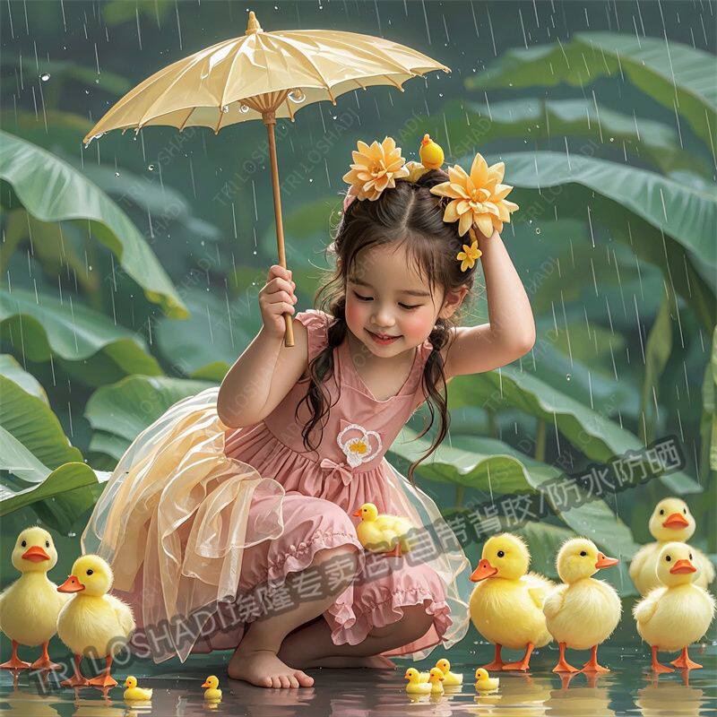 治愈小女孩和小黄鸭嬉戏海报贴画墙面门窗温馨可爱贴画冰箱马桶贴