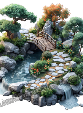 瀑布花园小桥流水自粘贴画墙面艺术池塘绿树风景装饰家居贴画防水