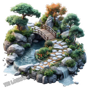 瀑布花园小桥流水自粘贴画墙面艺术池塘绿树风景装饰家居贴画防水