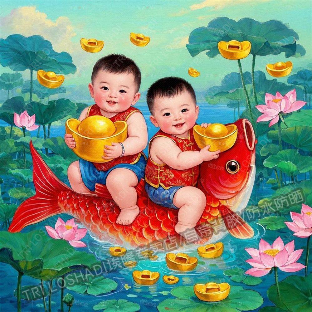 锦鲤好运双胞胎宝宝海报贴画卧室床头好孕贴纸墙上门窗好运莲莲画