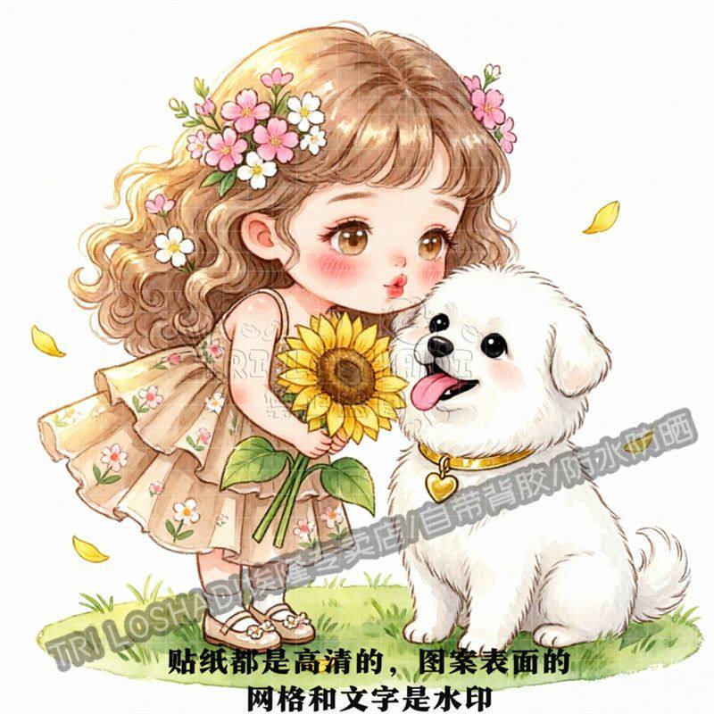 可爱女孩和狗狗贴纸客厅卧室墙上门窗柜门卡通贴花车贴划痕防水贴