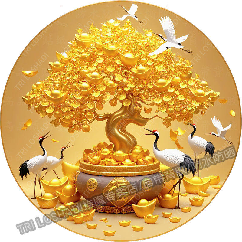 长寿仙鹤发财树自粘贴纸玄关高档中式墙上防水自粘贴纸冰箱贴纸画