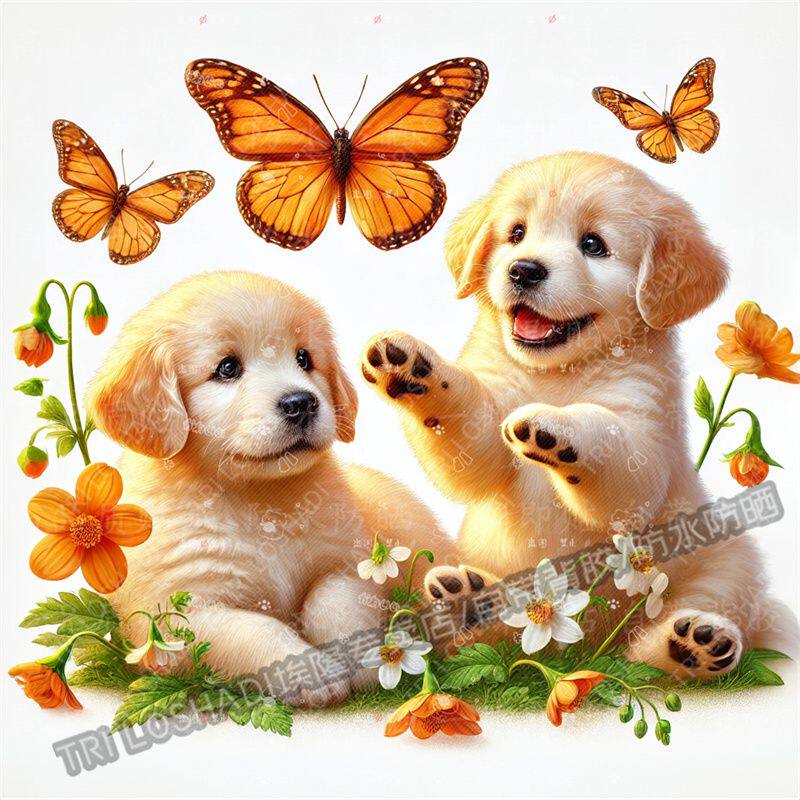 治愈系小金毛蝴蝶嬉戏贴纸汽车电动车卡通贴画自粘墙面冰箱马桶贴