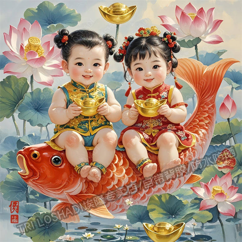 年画娃娃双胞胎多子多福自粘海报贴画卧室床头背景客厅龙凤胎海报