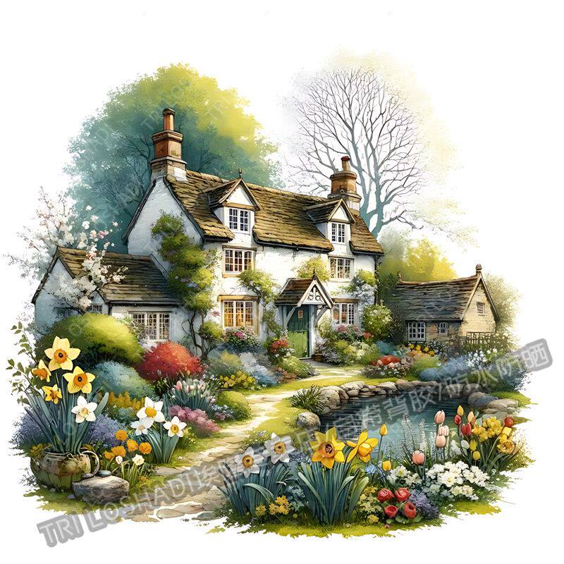 田园风小屋风景贴纸墙上装饰创意多彩美景贴画遮丑冰箱马桶贴画纸