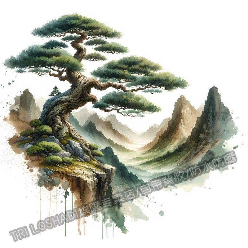 四季常青松树贴画墙面门窗玄关装饰迎客松高档贴画冰箱马桶贴花纸