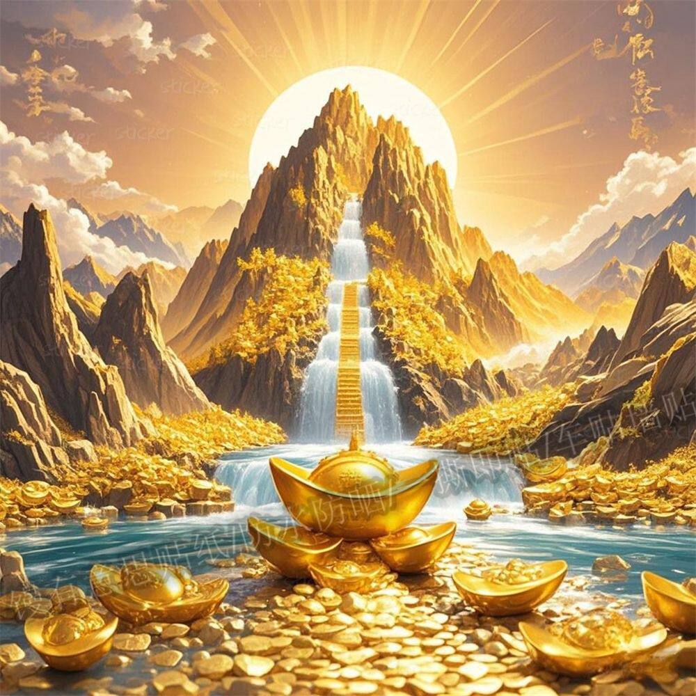 背靠金山流水生财海报贴画山水风景画玄关客厅书房墙贴防水自粘贴