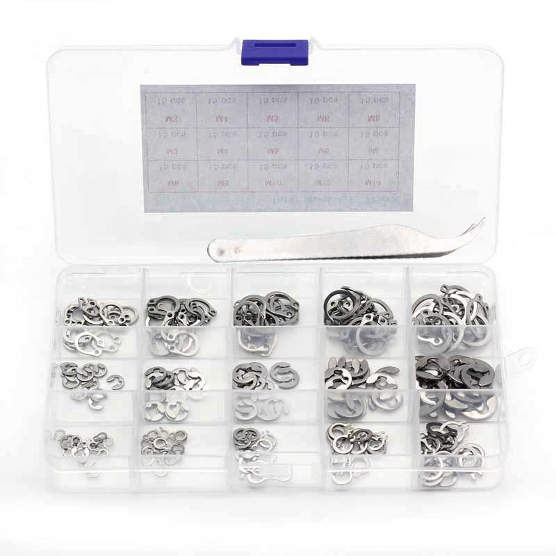 225pcs不锈钢E型轴用挡圈 C型卡环 葫芦/开口挡圈 M3-M14轴承卡簧