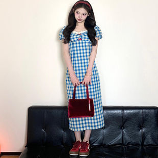 新款 韩系蓝色格纹连衣裙女2025夏季 甜美温柔风拼接蕾丝公主连衣裙
