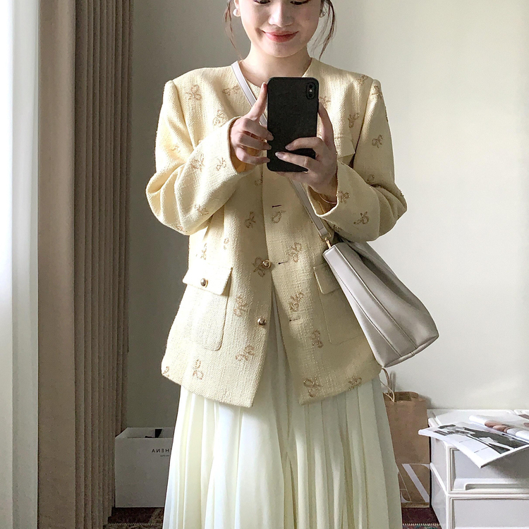 法式黄色蝶结小香风外套女2025秋季新款半身裙小香风外套两件套女