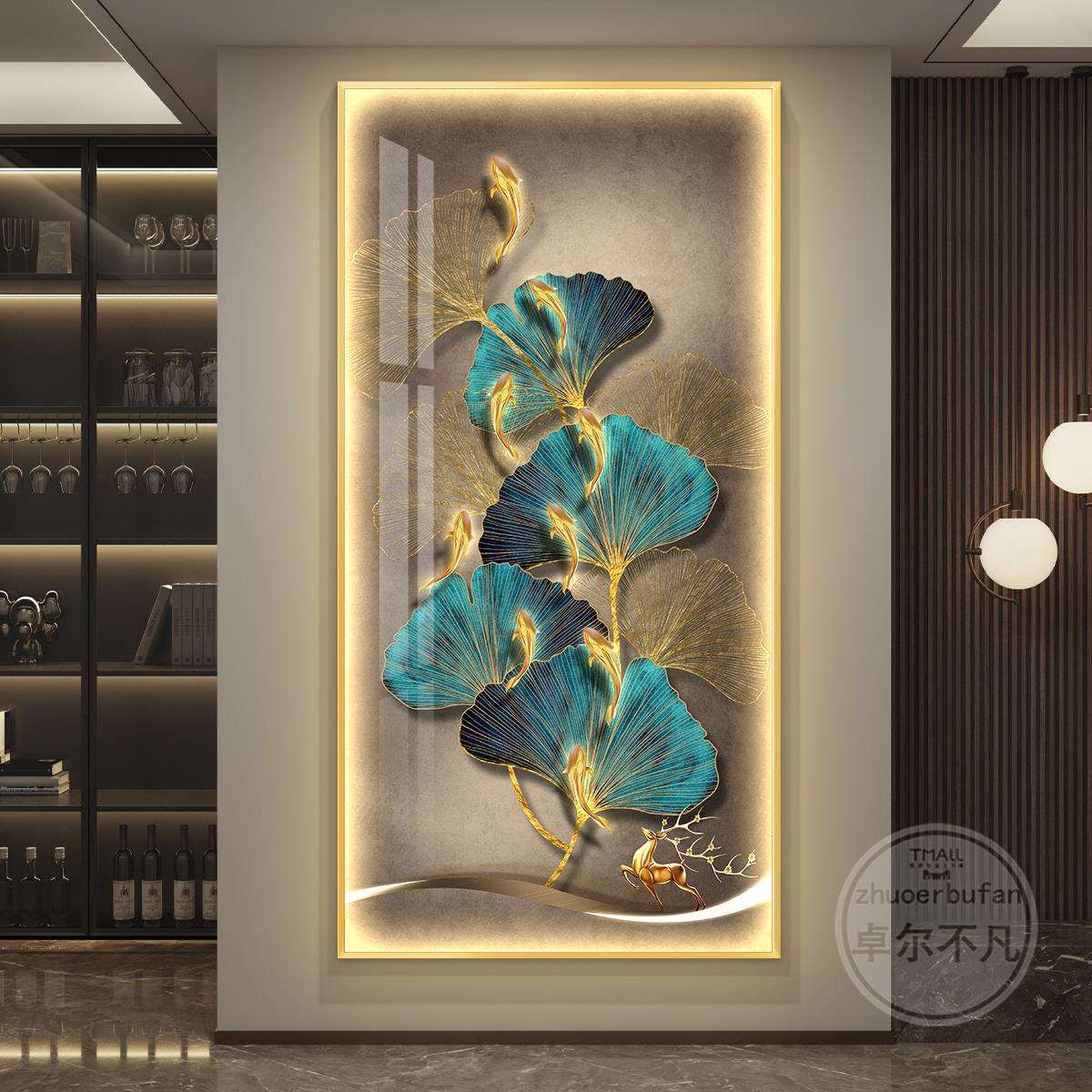 轻奢led带灯入户玄关装饰画走廊过道简约现代挂画壁画银杏高级感