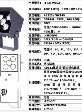 全彩RGBL高清投光灯12W15W恒功率DMX外控照树七彩RGB内控柱子灯