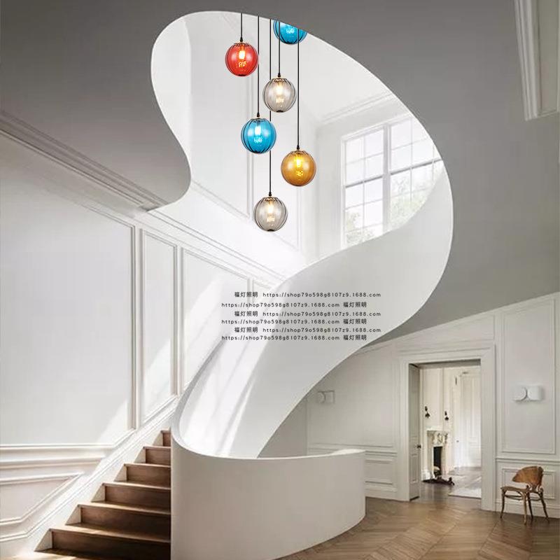 loft楼梯挑空吊灯设计师别墅复式楼挑高彩色南瓜轻奢长吊灯