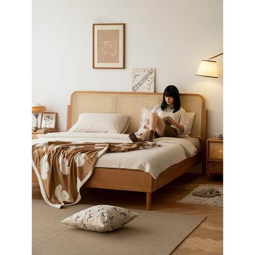 藤编全实木床樱桃木日式家具北欧1.8双人床主卧1.5米复古床