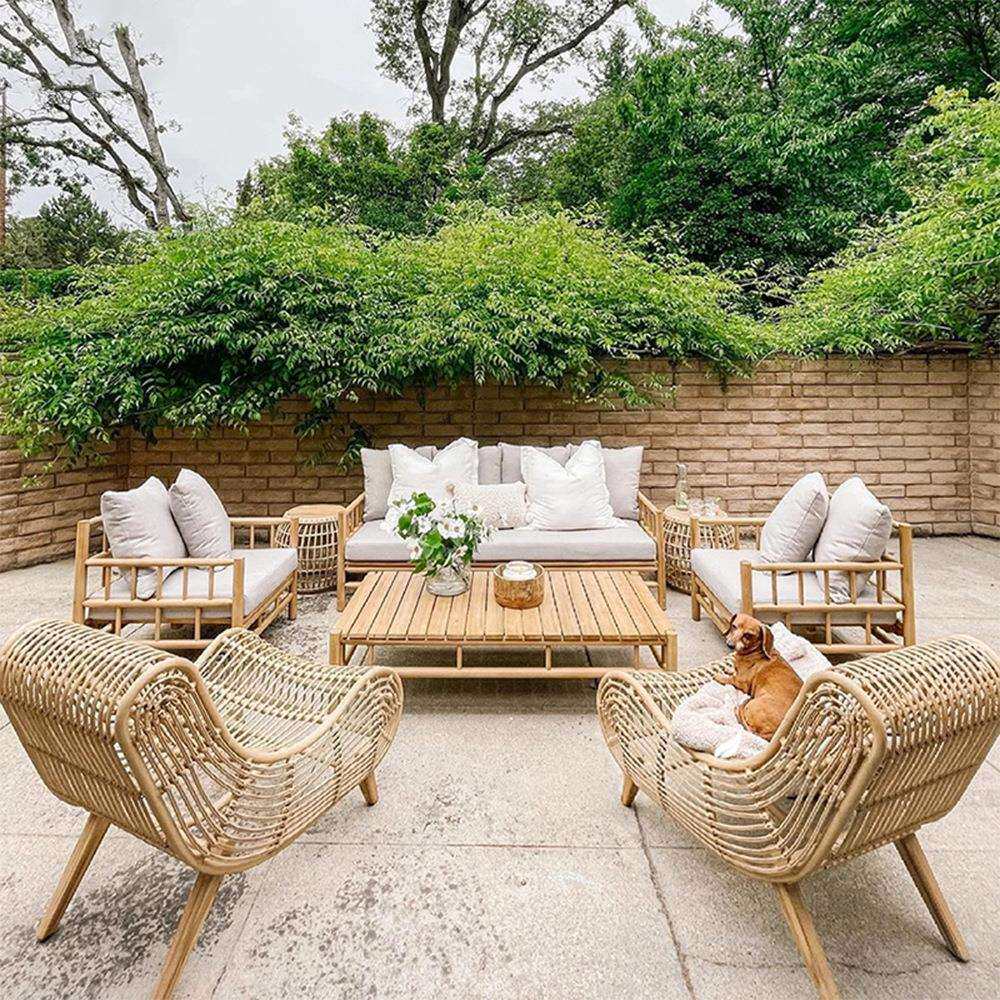 户外藤编创意沙发实木柚木藤椅民宿酒店露台花园庭院双人茶几组合