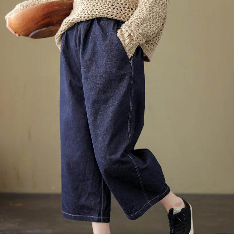 2025女春款藏蓝色纯棉松紧腰宽松休闲七分牛仔萝卜裤