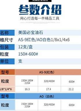 油石美国必宝BORIDE1/8*1/2*6 AS-9红色150#-600#模具抛光打磨