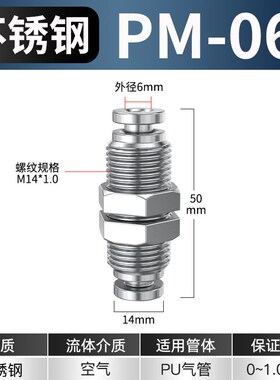 不锈钢气管快速接头螺纹直通快插PM6/8/10/12/16mm气动隔板连接件