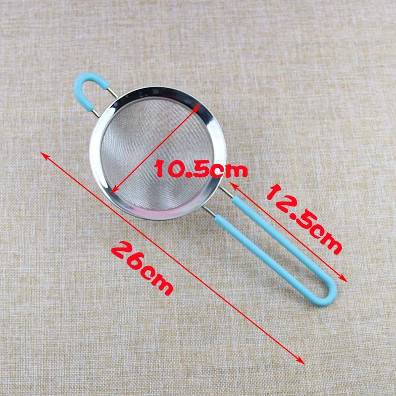 彩色硅胶手柄面粉筛 斜纹网不锈钢抛光宽边油格 直径10.5cm