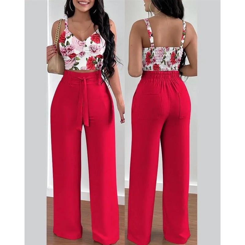 Fashion high-waisted solid color vest wide leg pants set