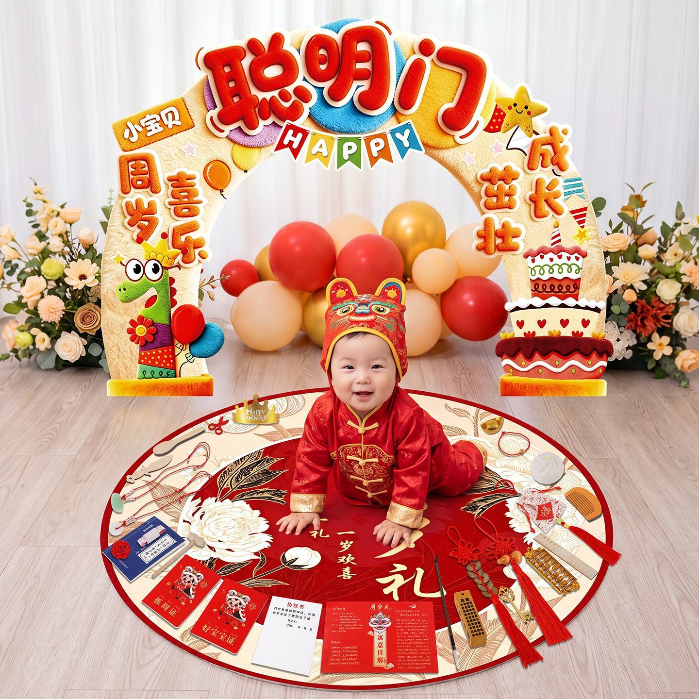 聪明宝宝一周岁抓周用品道具过聪门抓阄拍照氛围生日布置kt套装