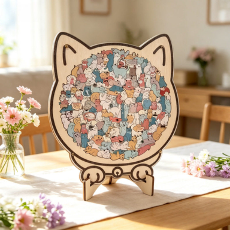 跨境热销莫兰迪猫木质益智拼图