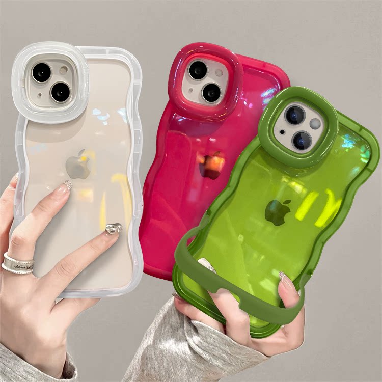 适用于苹果15promax手机壳新女款iPhone14/13无图案纯色双支架12promax软硅胶xs/xr防摔透明保护套波浪边