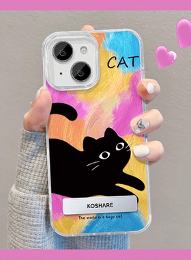 羽纱渐变黑色猫咪适用苹果15promax手机壳华为mate60pro新款荣耀100OPPOReno11渐变黑色猫咪VIVOX100小米猫咪