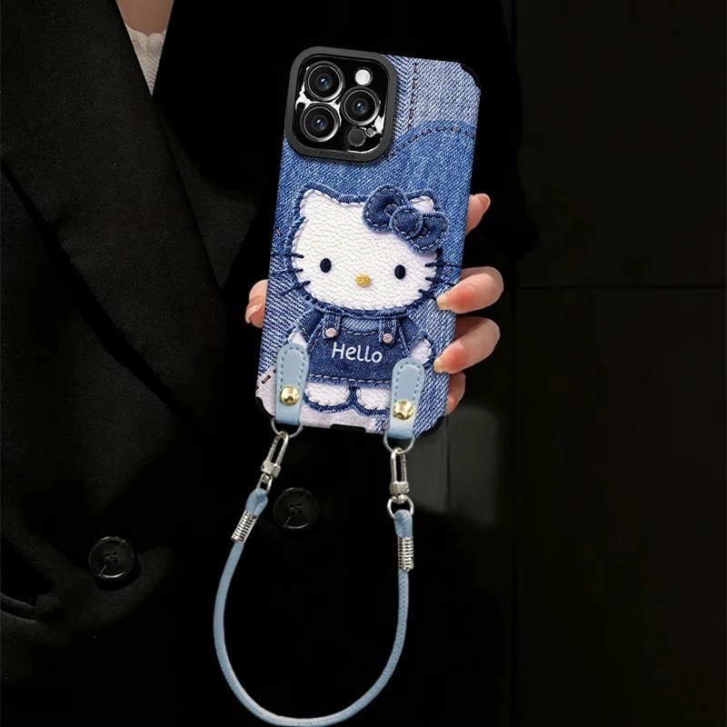 牛仔猫咪适用苹果17ProMax瞳眼小羊皮华为Pura80Pro壳荣耀400软OPPOReno14新vivoS30蓝小米15腕带挂绳红米K80