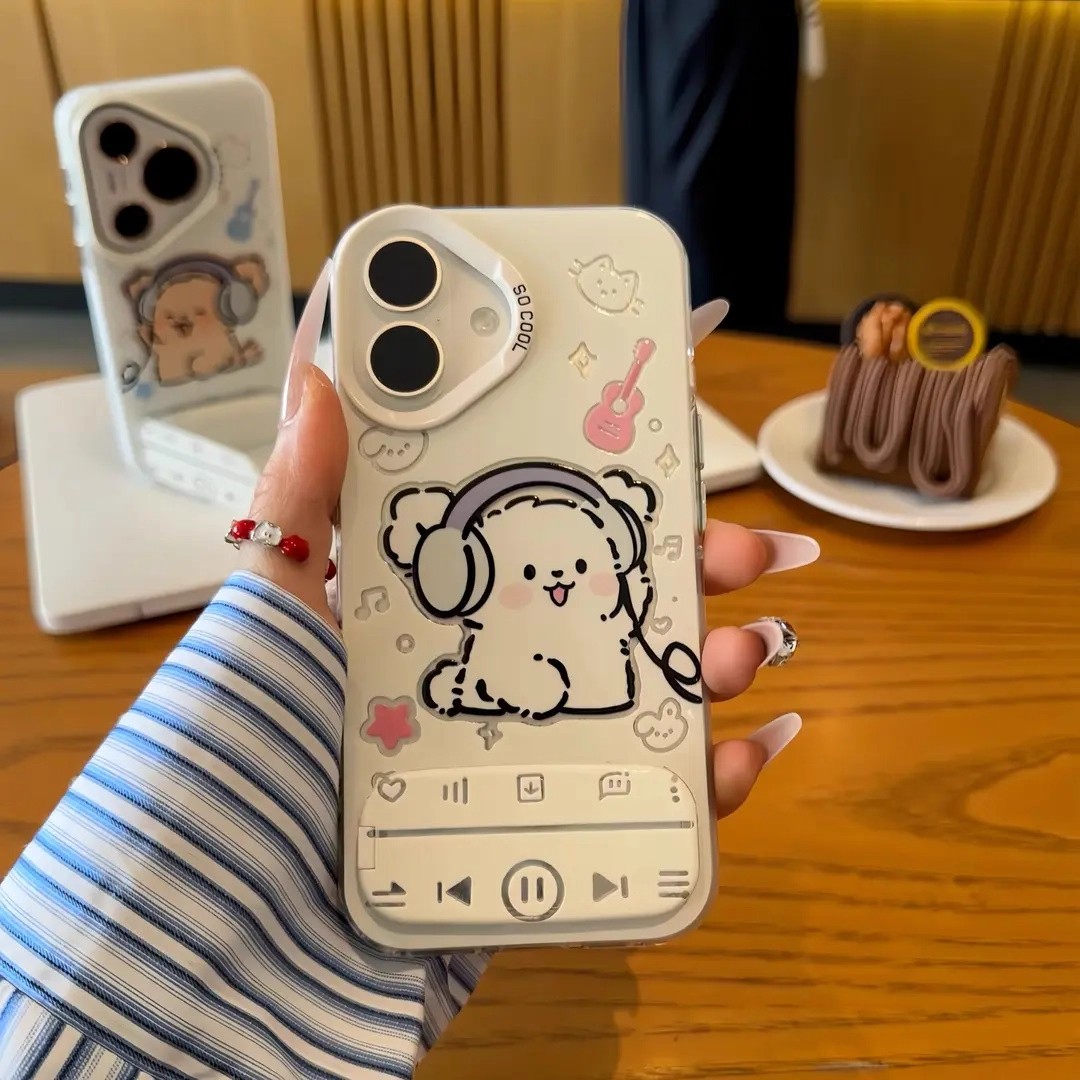 耳机小狗适用苹果16手机壳华为 Pura80彩银壳荣耀400女vivo S30防摔OPPO Reno14超火小米15播放器支架红米K80