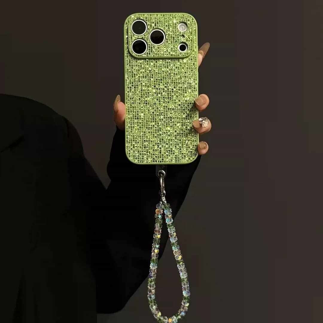 绿色闪亮片适用苹果17保护壳华为mate80ProMax手链荣耀500硬壳OPPOReno15潮vivoS50新小米17创意红米K90个性