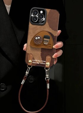 皮质煤球咖啡适用苹果17ProMax手机壳华为Pura80Pro支架荣耀400潮OPPOReno14新款vivoS30软小米15挂绳红米K80