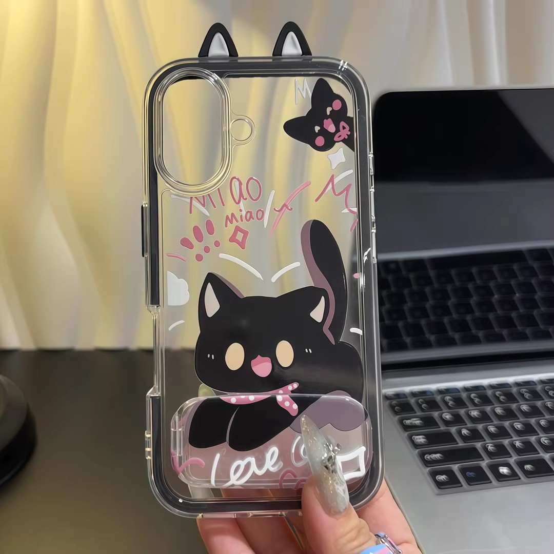 惊吓围巾黑猫适用苹果16ProMax手机壳华为Pura70pro新荣耀300女oppoReno14支架vivoS20创意小米15个性红米K80