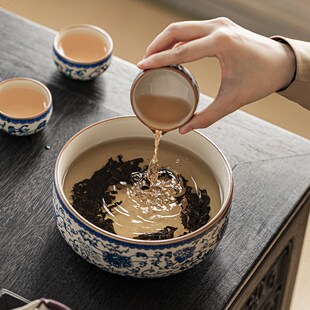 复古青花瓷汝窑茶洗家用特大号高端D陶瓷建水茶洗缸功夫茶海废水