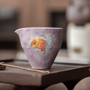 福鱼紫鳞手绘公道杯功夫茶家用陶瓷茶海分茶器匀杯茶具 新中式