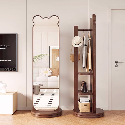小熊全身镜落地镜家用卧室可旋转移动试衣镜子带挂衣架一体穿衣镜
