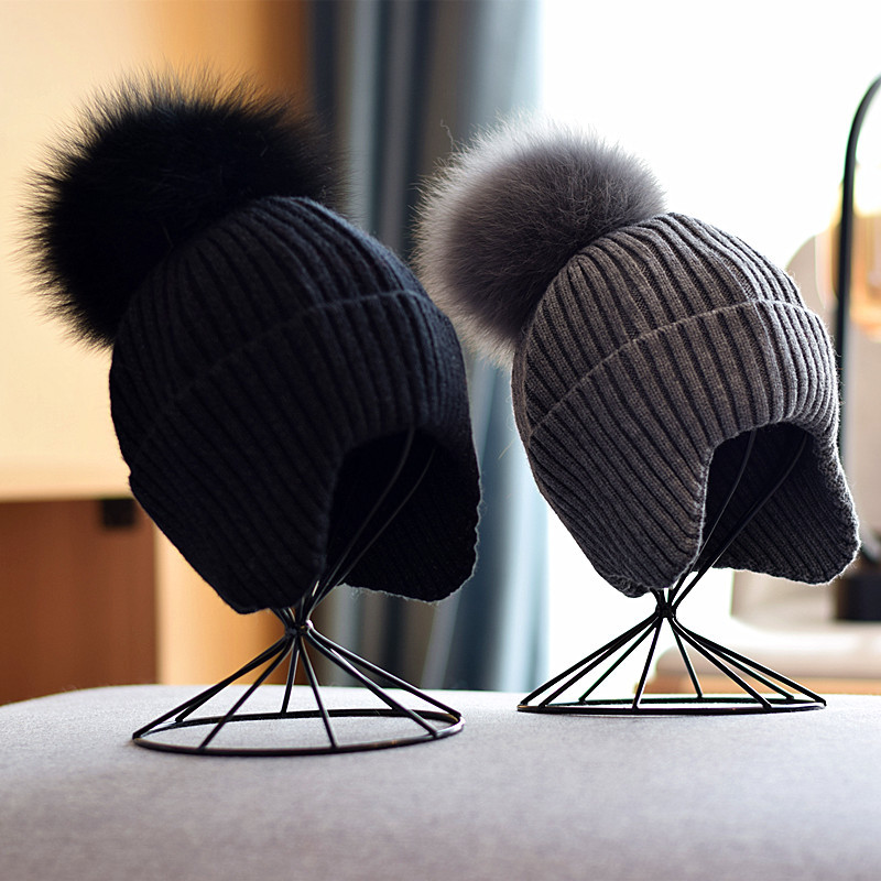 新款护耳女秋冬狐狸毛球毛线帽韩版休闲套头帽冬天加厚保暖月子帽