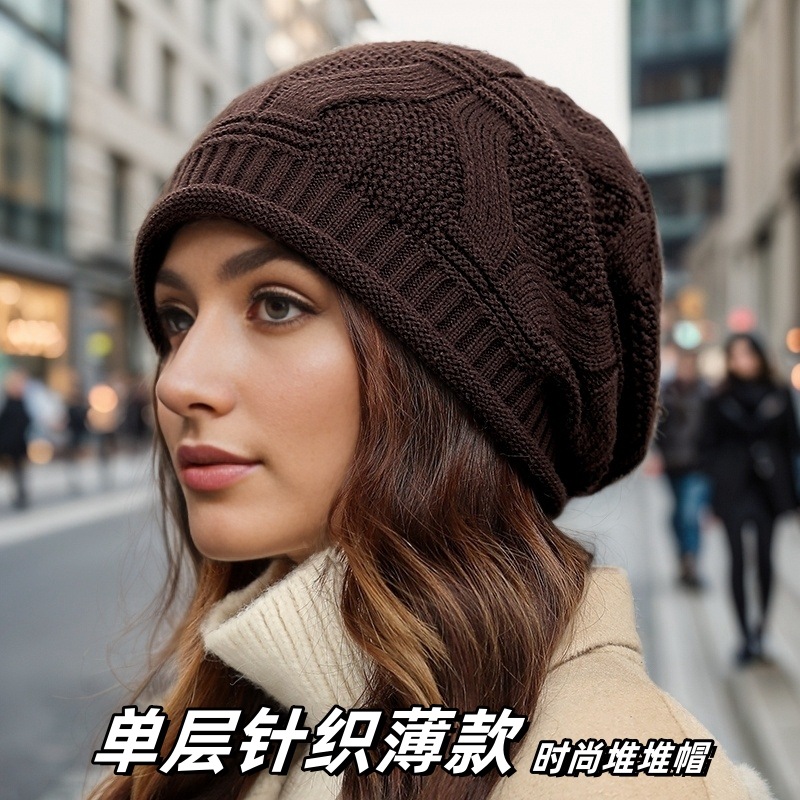 大头围帽子女秋冬季时尚堆堆帽包头月子帽单层薄款卷边针织毛线帽