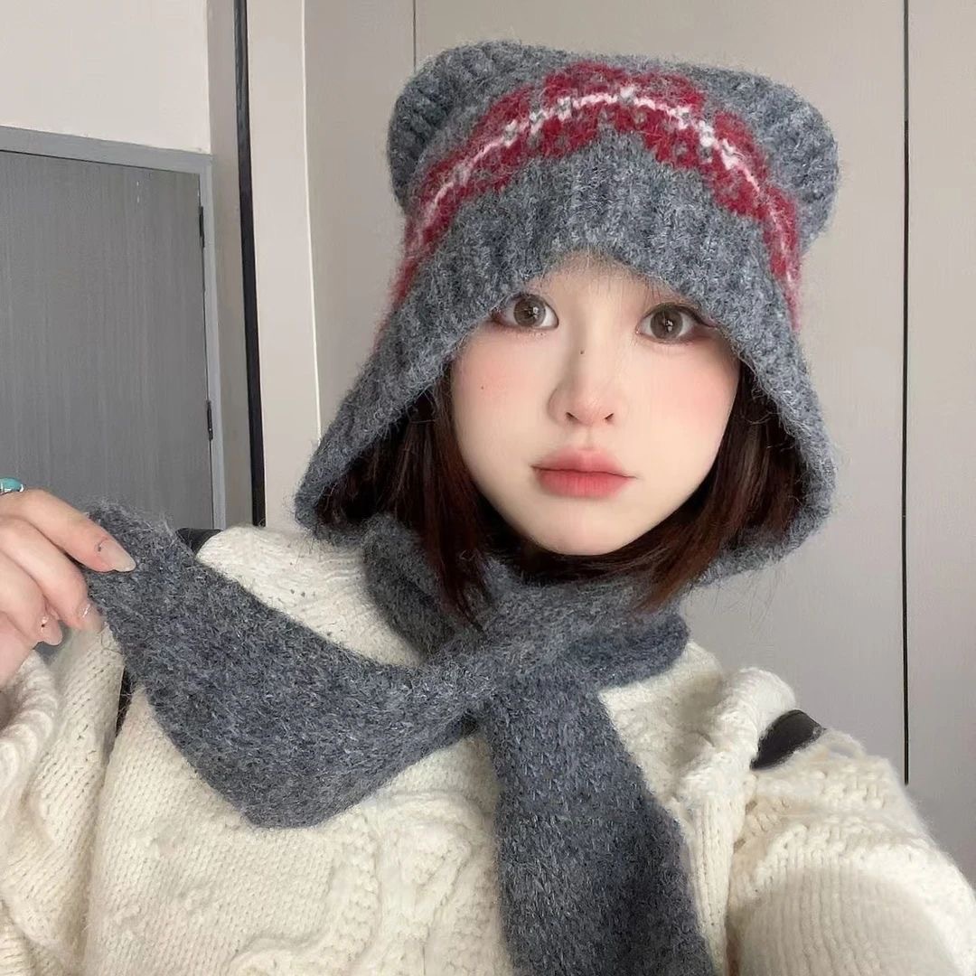 可爱小熊帽秋冬护脖围巾一体针织帽子户外保暖巴拉克拉法帽大头围