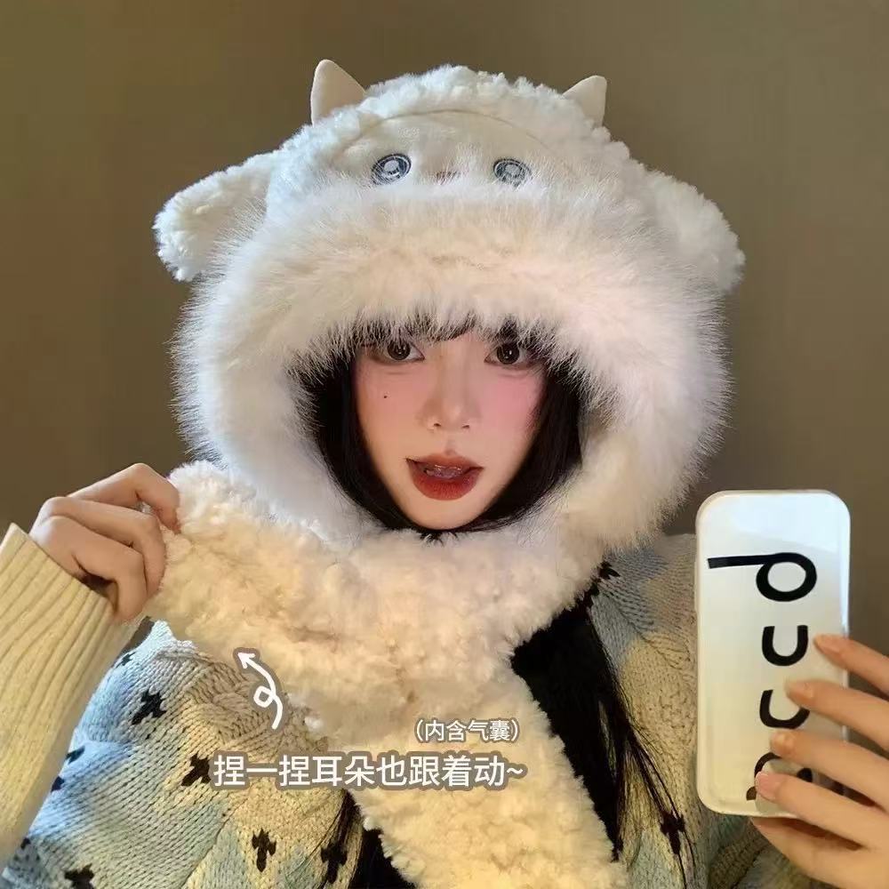 可爱小绵羊毛绒帽女冬季新款防寒保暖帽子围巾一体加厚护耳雷锋帽